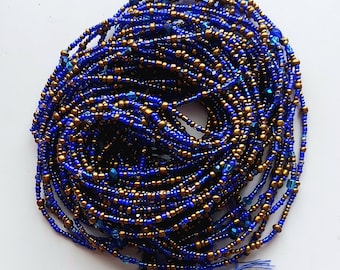 Blue and brass African waist beads, tie on style, strand 42/44 inches, 108/112 cm.