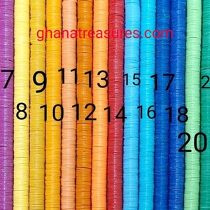 6-7 mm. African vulcanite vinyl heishi beads, strand 15-16&quot; (39-40 cm.), 29 compact colors