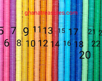 6-7 mm. African vulcanite vinyl heishi beads, strand 15-16&quot; (39-40 cm.), 29 compact colors