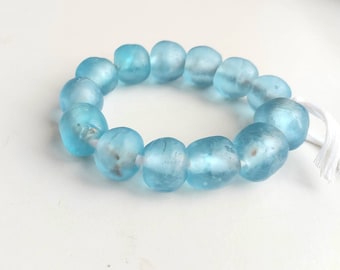 12 African recycled glass beads, (19-20 mm diam.), 8 inches short strand, aqua color