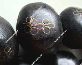 1 large round African Tuareg ebony wood with metal inlaid bead (28-34 mm.diam.), African Trade