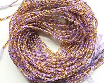 Violet and gold waist beads, tie on, strand 42-44 inches, 108-112 cm.