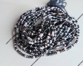 African waist beads, tie on, strand 42/44 inches, 108/112 cm., gray and pink seed beads