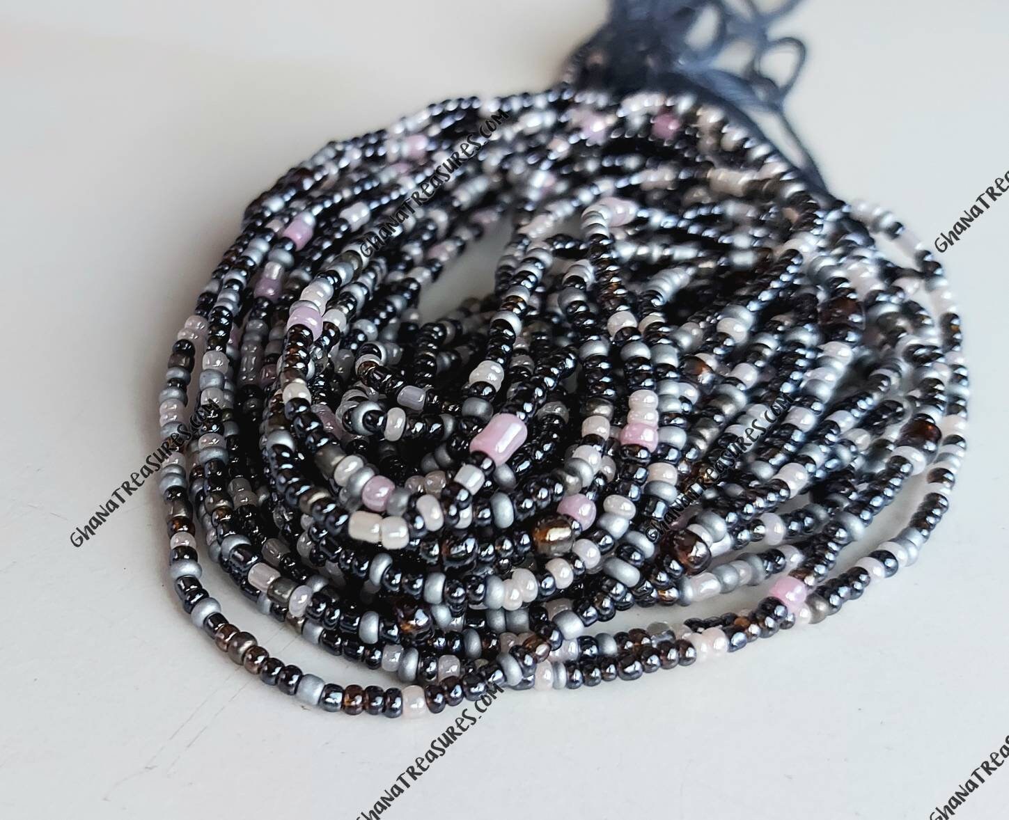 African waist beads, tie on, strand 42/44 inches, 108/112 cm., gray and pink seed beads