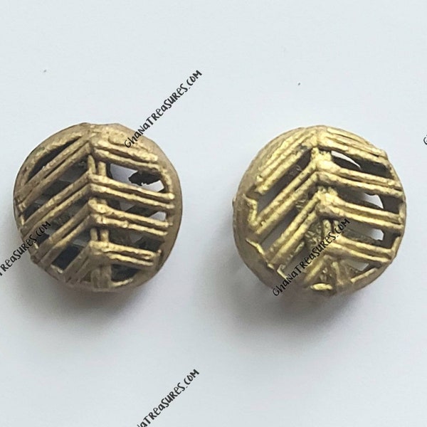 2 African flat round  beads, Ashanti brass hand cast beads, 19 x 10 mm.