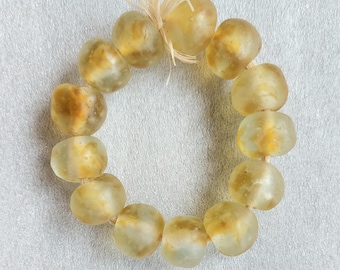 13 African recycled glass beads, (20-21 mm diam.), strand 8", clear glass mottled beige