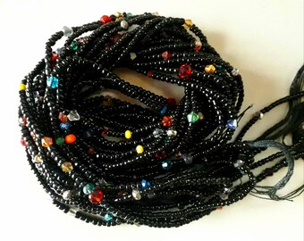 African waist beads, tie on, strand 42-44 inches, 108-112 cm., black with rainbow crystals
