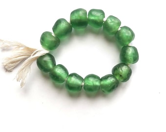 13 African recycled glass beads, (17-18 mm diam.), 8 inches strand, aqua color green
