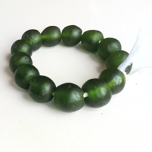 11-12 African recycled glass beads, (18-19 mm diam), 8 inches short string, bottle green