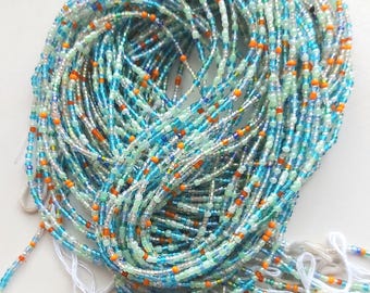 Minimalist mint green, frosted light blue waist beads, strand 42-44 inches