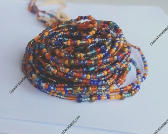 Blue orange and brass, African waist beads, tie on, strand 42-44 inches, 108-112 cm., mixed color glass seed beads