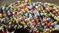 Christmas beads, striped glass beads, 3-6 mm.diameter, mixed strand 32 inches, 81 cm. product logo