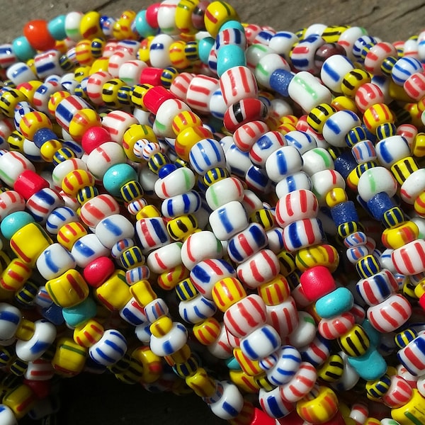 Christmas beads, striped glass beads, 3-6 mm.diameter, mixed strand 32 inches, 81 cm.