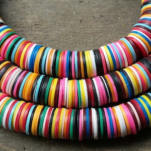 Rainbow, African vulcanite vinyl disc beads, strand 12-16&quot;, mix of all colors, 7 sizes (3, 4, 6-7, 8, 10, 14 mm.diam)