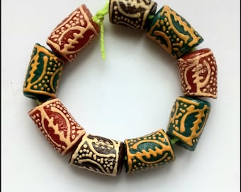 9 painted African recycled glass beads, Gye Nyame symbol