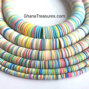 African vulcanite vinyl heishi beads, strand 12-16 inches, pastel colors, 6 sizes (2, 4, 6, 8, 10, 14 mm.diameter)