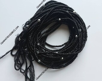 African waist beads, tie on, strand 42/44 inches, 108/112 cm. black seeds with crystals