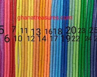 4 mm. African vulcanite vinyl heishi beads, strand 15-16&quot;, 29 compact colors