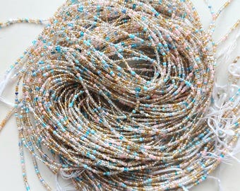 Minimalist gold, silver, light blue and pale pink waist beads, strand 42-44 inches