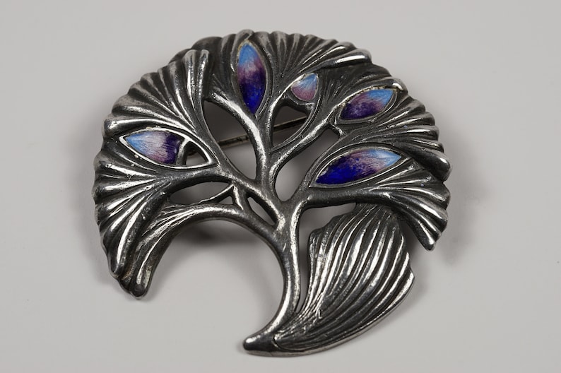 Purple and Blue Enamel Accents on Silver Pin Brooch Sprig of Branches