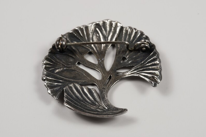 Purple and Blue Enamel Accents on Silver Pin Brooch Sprig of Branches