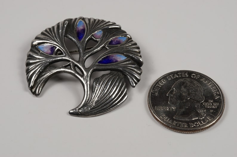 Purple and Blue Enamel Accents on Silver Pin Brooch Sprig of Branches