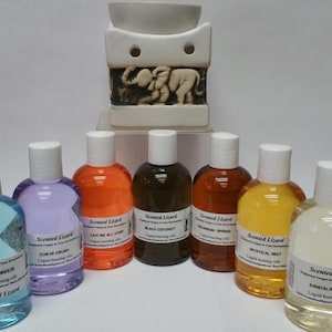May include: A white ceramic oil diffuser with an elephant design, and eight bottles of scented oil. The bottles are labeled with different scents, including Ocean Breeze, Curve Crush, Lick Me All Over, Black Coconut, Cayman Spring, Mystical Mist, and Sandal Wood.