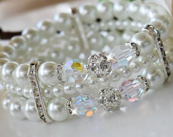 Swarovski Crystal and Pearl Cuff Bracelet/High End European Crystal