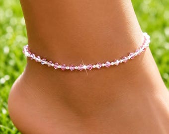 Pink Crystal Beaded Anklet, Sparkling Summer Beach Jewelry, Adjustable Chain