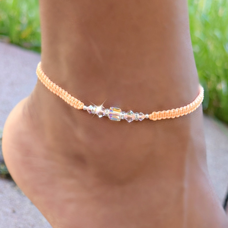 Neon Cord Anklet with Swarovski Crystals, Friendship Bracelet image 4