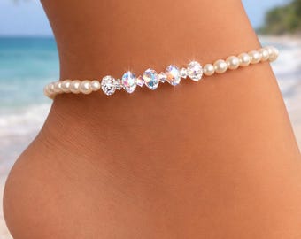 Cavigliera con perle di cristallo Swarovski, cavigliera da sposa per matrimonio in spiaggia