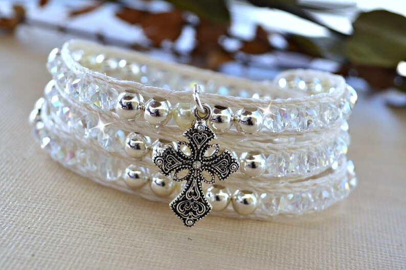 White Pearl and Silver Christian Wrap Bracelet Etsy