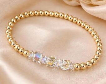 Gold Beaded Swarovski Crystal Bracelet, Minimalist Elegant Stretch Bracelet, Bridesmaid Gift, Everyday Luxury Jewelry