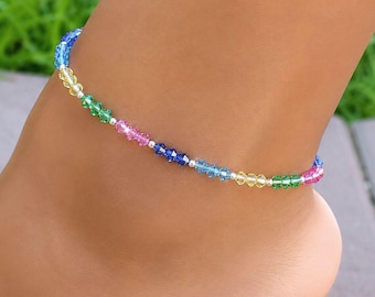 Rainbow Crystal Anklet | Colorful Beaded Beach Jewelry, Summer Ankle Bracelet
