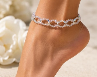 Swarovski Crystal AB Anklet, Handwoven Floral Bridal Ankle Bracelet, Something Blue