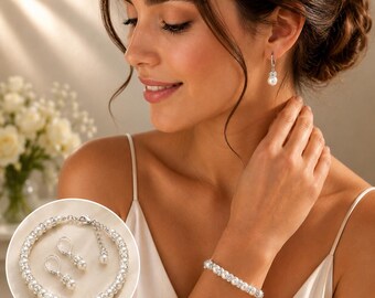 Ivory Pearl Bracelet & Drop Earring Set, Silver Tone Crystal Spacer Jewelry