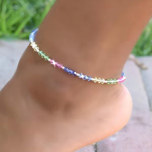 Crystal Pastel Ankle Bracelet, Stretch Anklet, Gift for Her, Summer Jewelry