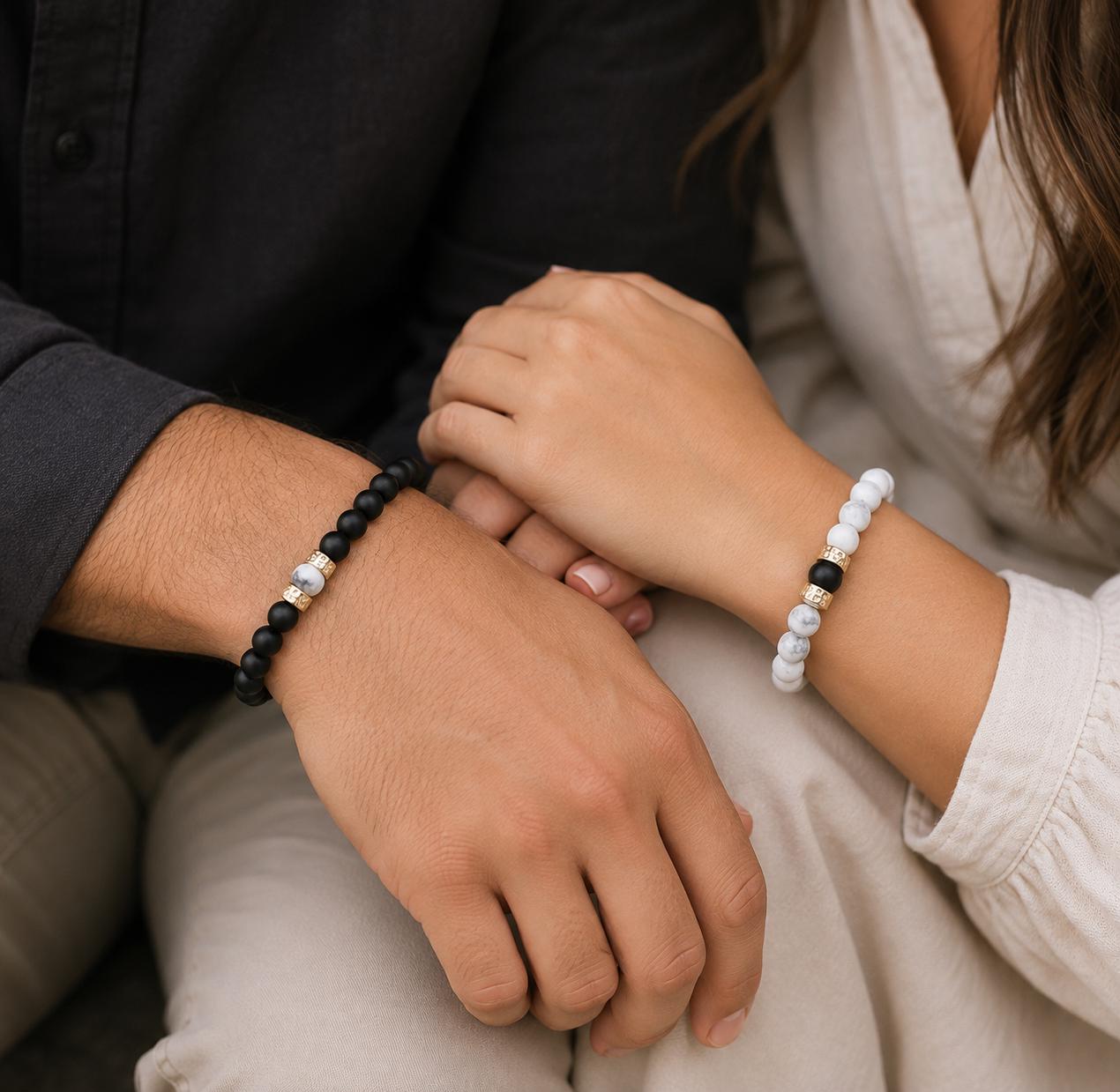 Couples Bracelets, His Hers Howlite Black Agate Gemstone Matching