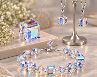 Swarovski Crystal Jewelry Set, AB Rainbow Necklace, Bracelet, Leverback Earrings