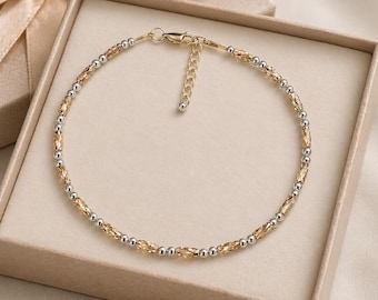 Tobillera o pulsera de oro laminado y plata de ley, delicada tobillera de metales mixtos, tobillera minimalista, joyería para el día a día, regalo para ella.