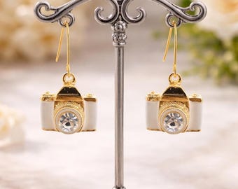 Gold Camera Earrings, White Enamel, Rhinestone Lens, Photographer Jewelry