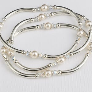 Pearl & Swarovski Crystal Bangle Set: Silver Stretch Bracelets