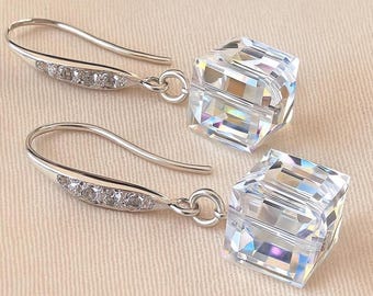 Aurora Swarovski Crystal Cube Drop Earrings – Sterling Silver & Swarovski Sparkle Gift for Her