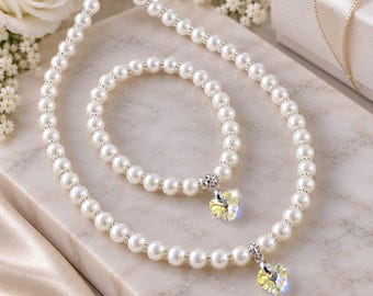 Girls Necklace and Bracelet Pearl Set with Crystal Heart