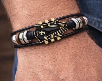 Guitar Headstock Leather Bracelet for Men,  Music Lover Jewelry, Adjustable Magnetic Clasp