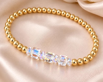 Gold, Swarovski Crystal Bracelet, Minimalist Elegant Stretch Bracelet, Bridesmaid Gift, Everyday Luxury Jewelry