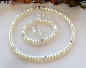 Pearl and Crystal Set/Bracelet, Necklace, Earrings