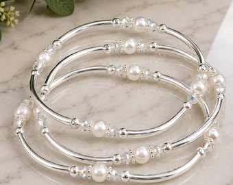 Pearl Swarovski Crystal Bangle Bracelet, Silver Plated Memory Wire, Elegant Bridal Jewelry