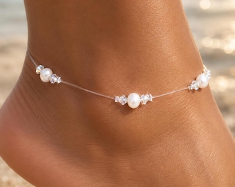 Crystal & Freshwater Pearl Stretch Anklet: Beach Bridal Jewelry