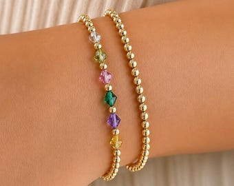 Gold Beaded Birthstone Bracelet, Personalized Crystal Jewelry, Dainty Stacking Mom Bracelet